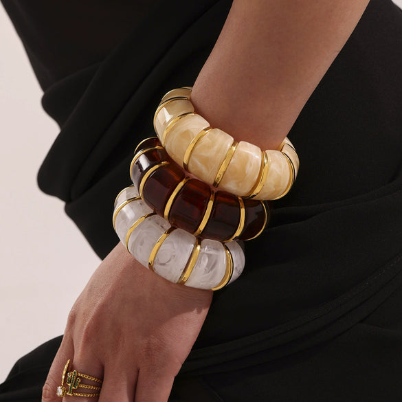 Wholesale Light Luxury Candy Color Natural Stone And Stainless Steel Elastic Rope Bracelet With Geometric Design Electroplating For Women