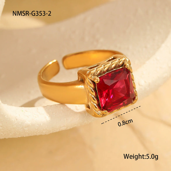 Wholesale Light Luxury Colorful Square Zircon Open Ring Stainless Steel 18K Gold Plated