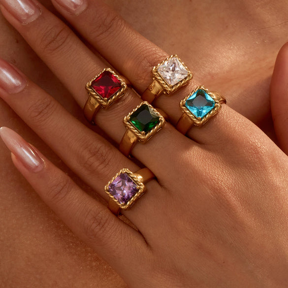 Wholesale Light Luxury Colorful Square Zircon Open Ring Stainless Steel 18K Gold Plated