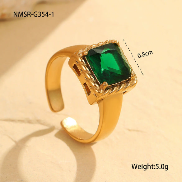 Wholesale Light Luxury Colorful Square Zircon Open Ring Stainless Steel 18K Gold Plated