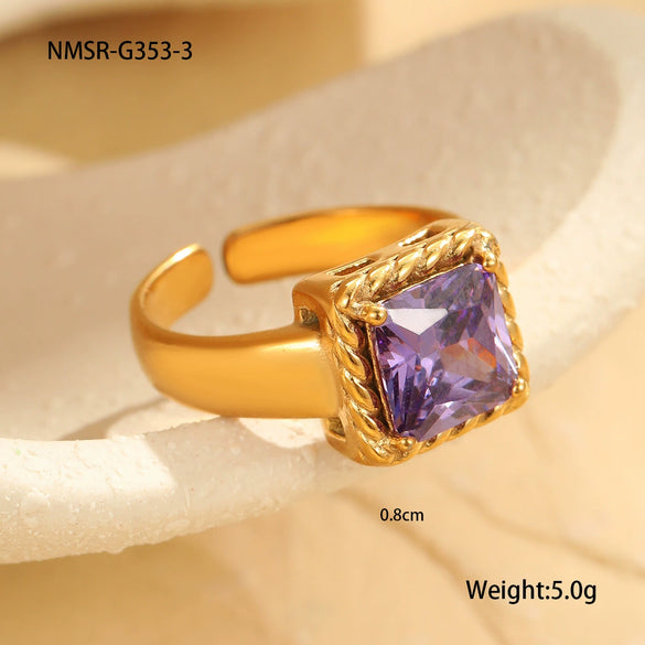 Wholesale Light Luxury Colorful Square Zircon Open Ring Stainless Steel 18K Gold Plated