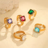 Wholesale Light Luxury Colorful Square Zircon Open Ring Stainless Steel 18K Gold Plated