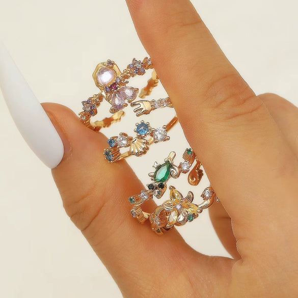 Wholesale Light Luxury Colorful Zircon Flower Cartoon Open Ring For Women Copper Diamond