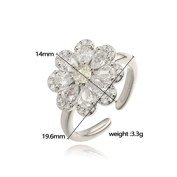 Wholesale Light Luxury Copper Zircon Flower Petal Ring For Women
