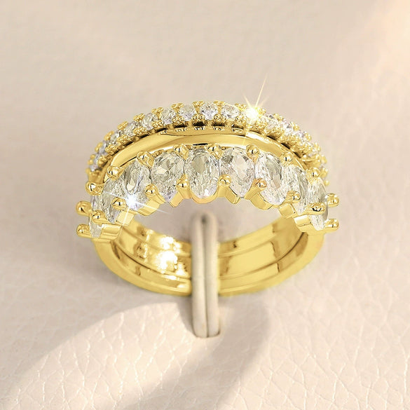 Wholesale Light Luxury Copper Zircon Geometric Design Women's Ring Threepiece Set