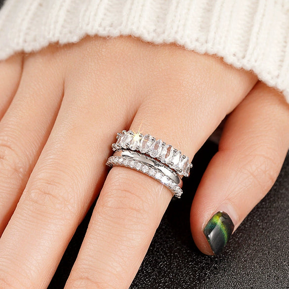 Wholesale Light Luxury Copper Zircon Geometric Design Women's Ring Threepiece Set