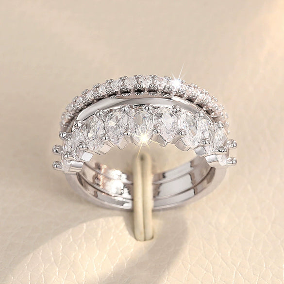Wholesale Light Luxury Copper Zircon Geometric Design Women's Ring Threepiece Set