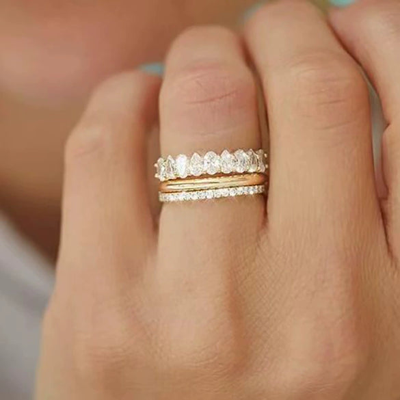 Wholesale Light Luxury Copper Zircon Geometric Design Women's Ring Threepiece Set