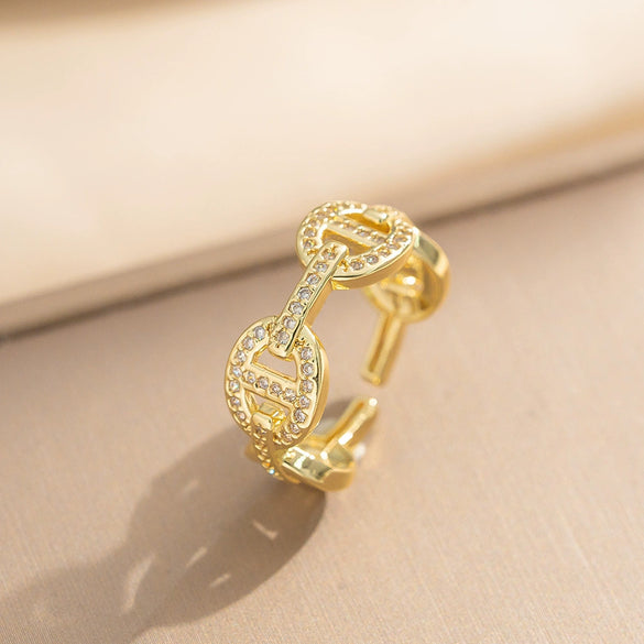 Wholesale Light Luxury Diamond Pig Nose Open Ring Gold Plated Copper Zircon For Women And Men
