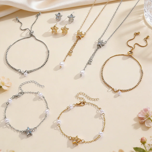 Wholesale Light Luxury Electroplated Copper Jewelry Set With Star Sun And Moon Clouds And Universe Patterns For Women Earrings Bracelet Tassel Pearl Necklace