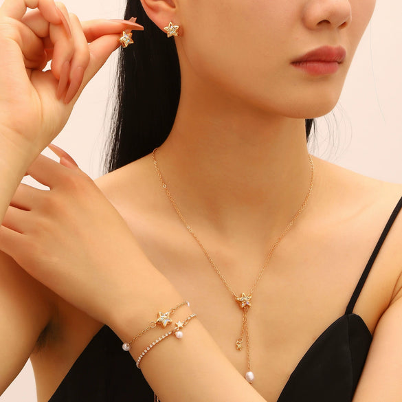 Wholesale Light Luxury Electroplated Copper Jewelry Set With Star Sun And Moon Clouds And Universe Patterns For Women Earrings Bracelet Tassel Pearl Necklace