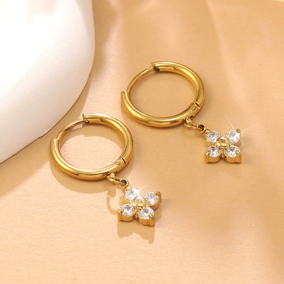 Wholesale Light Luxury Electroplated Stainless Steel Flower Zircon Earrings For Women