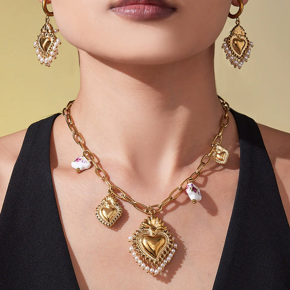Wholesale Light Luxury Electroplated Stainless Steel Tassel Crown Heart Print Multiaccessory Pendant Necklace And Earrings Set For Women