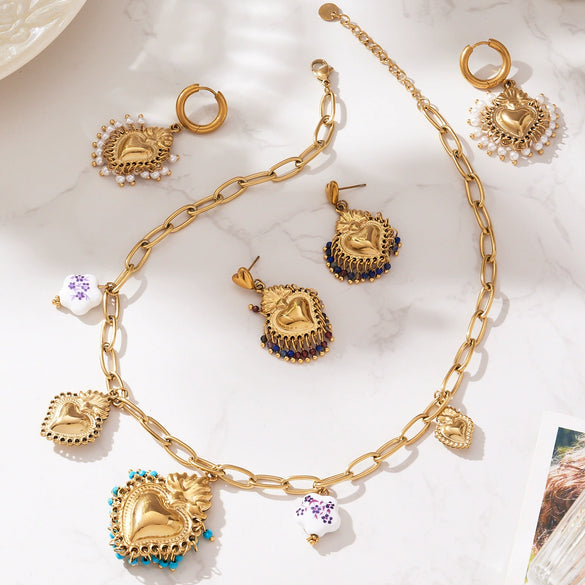 Wholesale Light Luxury Electroplated Stainless Steel Tassel Crown Heart Print Multiaccessory Pendant Necklace And Earrings Set For Women