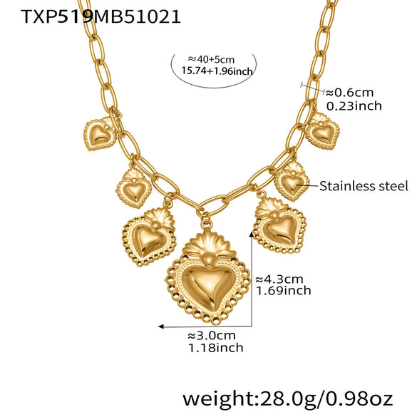 Wholesale Light Luxury Electroplated Stainless Steel Tassel Crown Heart Print Multiaccessory Pendant Necklace And Earrings Set For Women