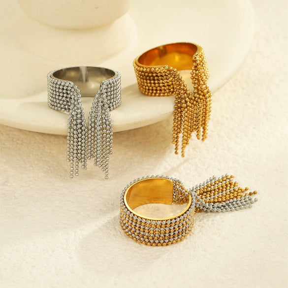Wholesale Light Luxury Elegant Exaggerated Stainless Steel Ball Tassel Ring With Electroplating For Women