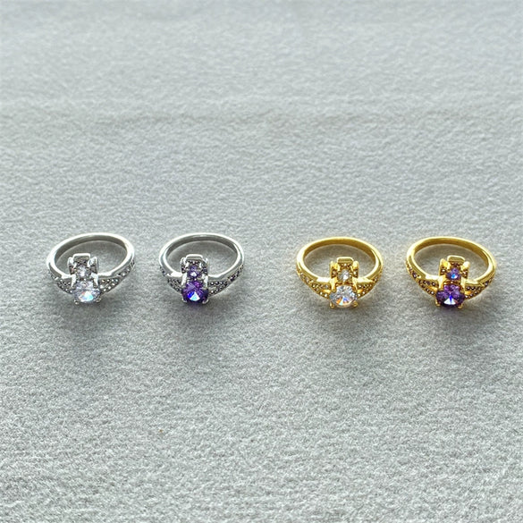 Wholesale Light Luxury Elegant Saturn Zircon Shiny Finger Ring Copper Geometric Electroplated For Women
