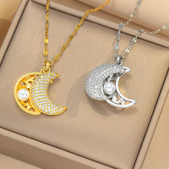 Wholesale Light Luxury Elegant Star Pattern Moon Peach Heart Pearl Shell Titanium Steel Electroplated Necklace For Women