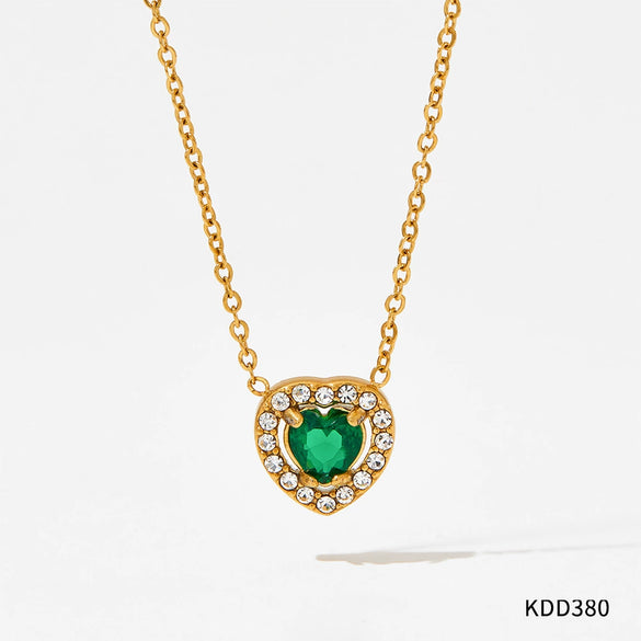 Wholesale Light Luxury Elegant Women's Love Jewelry Set With Emerald Zircon Stainless Steel Necklace Earrings Bracelet Electroplated
