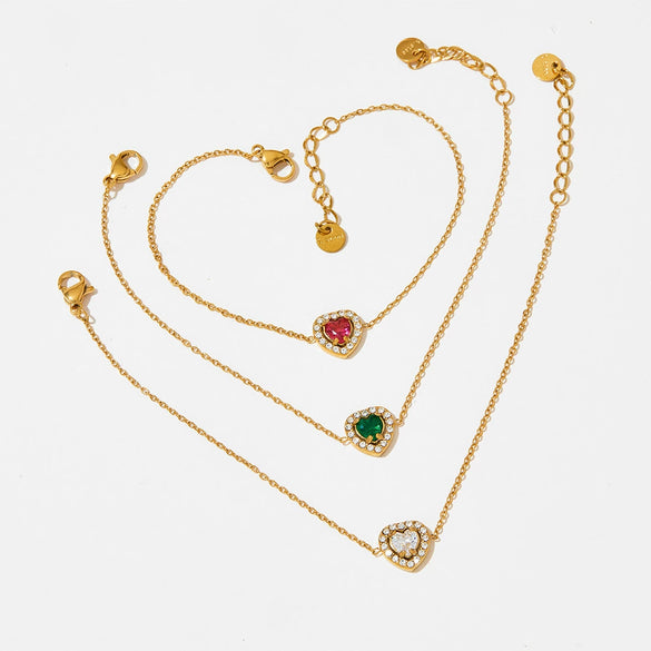 Wholesale Light Luxury Elegant Women's Love Jewelry Set With Emerald Zircon Stainless Steel Necklace Earrings Bracelet Electroplated
