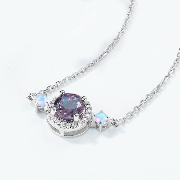 Wholesale Light Luxury Fashion Alexandrite Necklace S925 Silver Geometric Cultivated Variable Stone Color Women's Clavicle Chain With Diamond Design