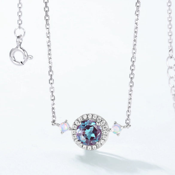 Wholesale Light Luxury Fashion Alexandrite Necklace S925 Silver Geometric Cultivated Variable Stone Color Women's Clavicle Chain With Diamond Design