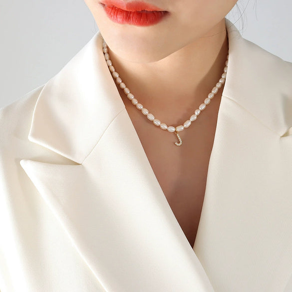 Wholesale Light Luxury Freshwater Pearl Necklace With Letter Pendant Titanium Steel Gold Plated Electroplated