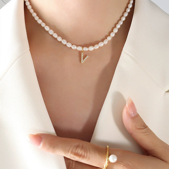 Wholesale Light Luxury Freshwater Pearl Necklace With Letter Pendant Titanium Steel Gold Plated Electroplated