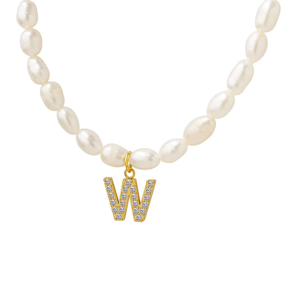 Wholesale Light Luxury Freshwater Pearl Necklace With Letter Pendant Titanium Steel Gold Plated Electroplated