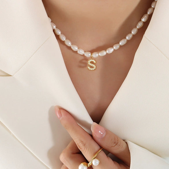 Wholesale Light Luxury Freshwater Pearl Necklace With Letter Pendant Titanium Steel Gold Plated Electroplated