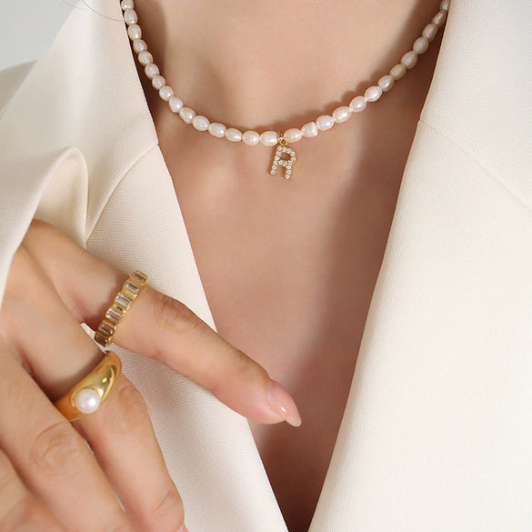 Wholesale Light Luxury Freshwater Pearl Necklace With Letter Pendant Titanium Steel Gold Plated Electroplated