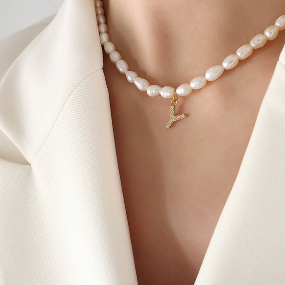 Wholesale Light Luxury Freshwater Pearl Necklace With Letter Pendant Titanium Steel Gold Plated Electroplated
