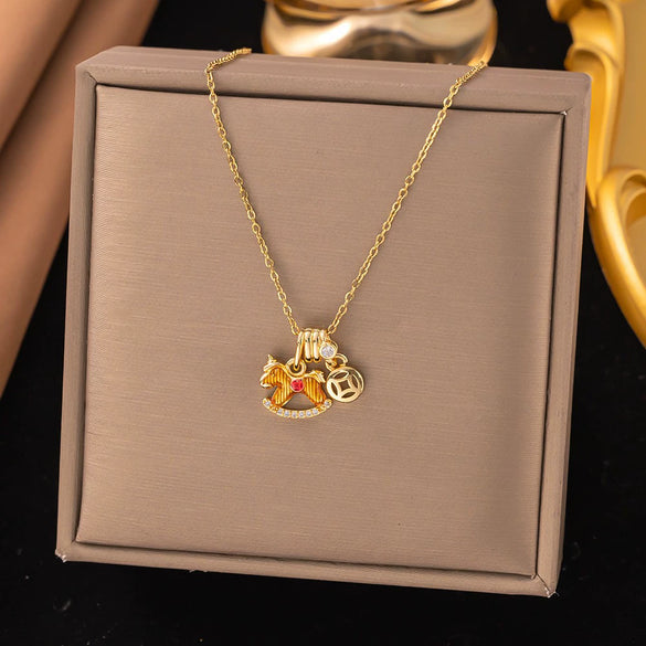 Wholesale Light Luxury Geometric Animal Zodiac 18K Real Gold Plated Copper Pendant Flash O Chain Necklace For Women