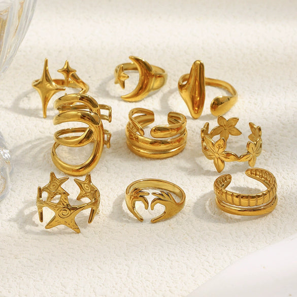 Wholesale Light Luxury Geometric Asymmetrical Heart Starfish Stainless Steel Electroplated Ring For Women Niche Design