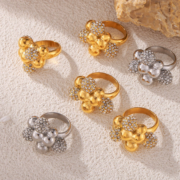 Wholesale Light Luxury Geometric Ball Diamond Ring For Women Titanium Steel 18K Gold Electroplated Fadingfree Jewelry