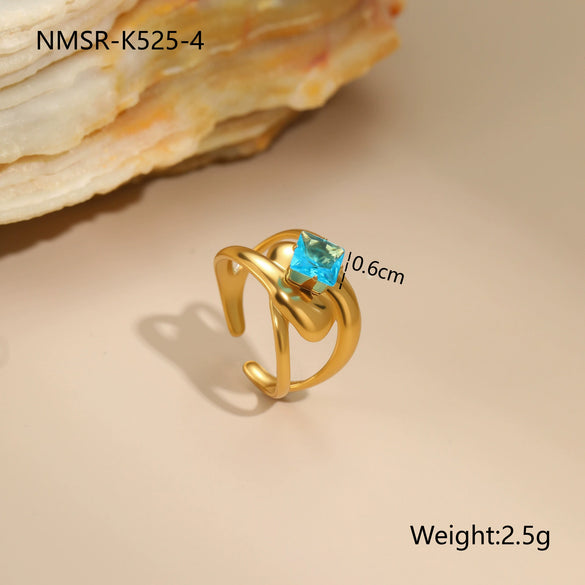 Wholesale Light Luxury Geometric Blue Zircon Stainless Steel 18K Gold Plated Ring And Bracelet For Women