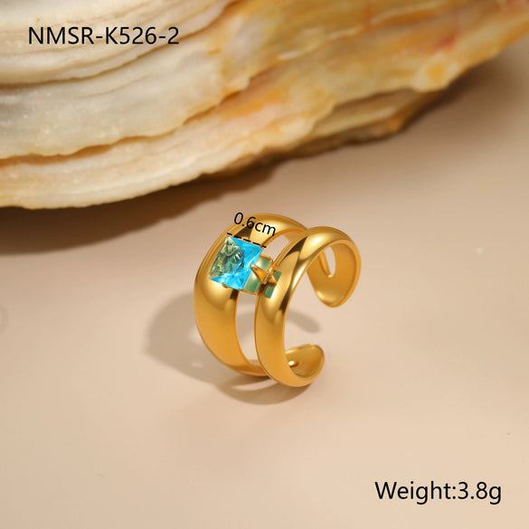 Wholesale Light Luxury Geometric Blue Zircon Stainless Steel 18K Gold Plated Ring And Bracelet For Women
