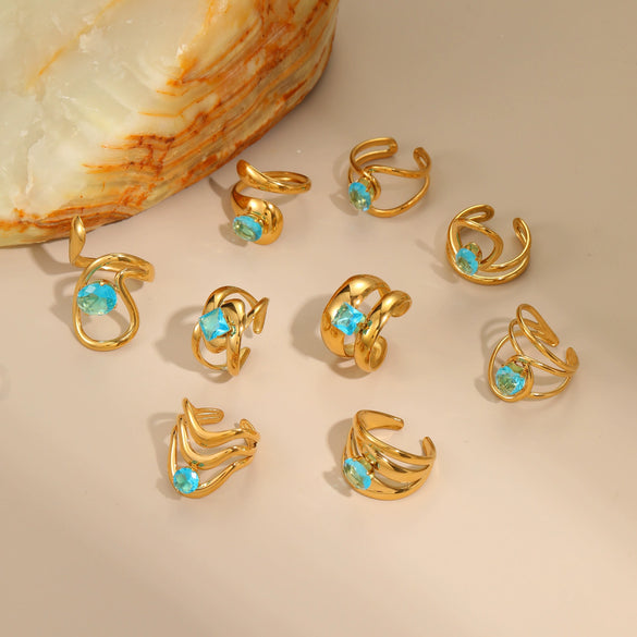 Wholesale Light Luxury Geometric Blue Zircon Stainless Steel 18K Gold Plated Ring And Bracelet For Women