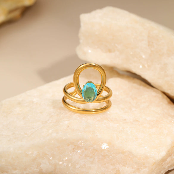 Wholesale Light Luxury Geometric Blue Zircon Stainless Steel 18K Gold Plated Ring And Bracelet For Women