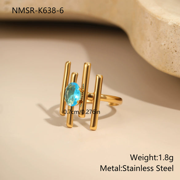 Wholesale Light Luxury Geometric Blue Zircon Stainless Steel 18K Gold Plated Ring And Bracelet For Women