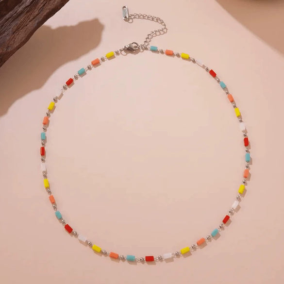 Wholesale Light Luxury Geometric Colorful Beaded Stainless Steel 18K Goldplated Necklace For Women
