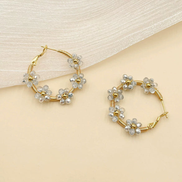 Wholesale Light Luxury Geometric Colorful Rice Beads Flower Handmade Electroplated Stainless Steel Earrings For Ladies