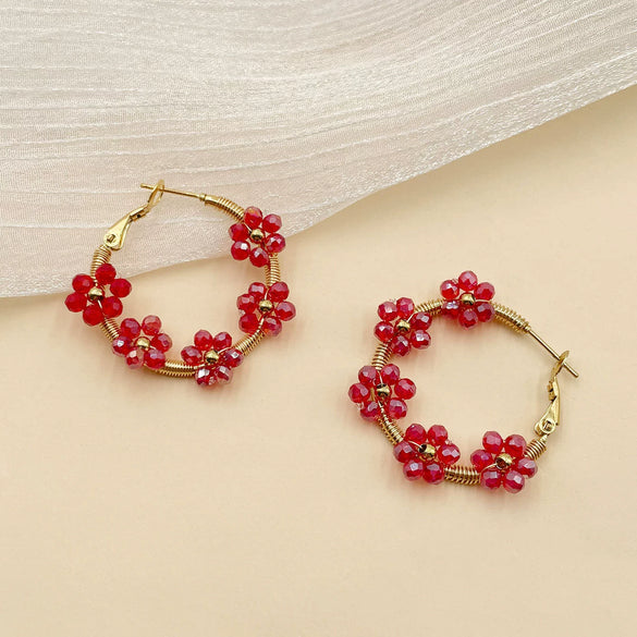 Wholesale Light Luxury Geometric Colorful Rice Beads Flower Handmade Electroplated Stainless Steel Earrings For Ladies