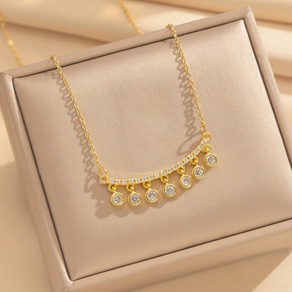 Wholesale Light Luxury Geometric Copper Inlaid Zircon Real Gold Plated Cross Chain Tassel Necklace For Women