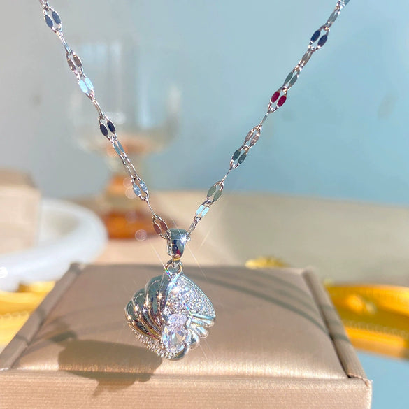 Wholesale Light Luxury Geometric Diamond Shape Zircon Inlaid Copper Pendant Titanium Steel Water Wave Chain Necklace For Women