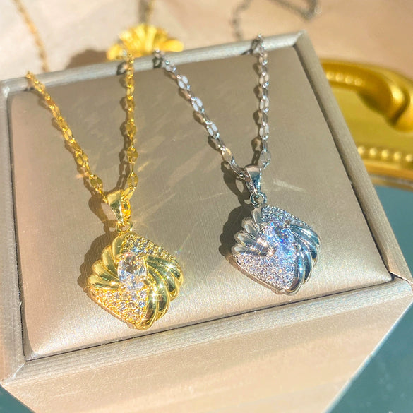 Wholesale Light Luxury Geometric Diamond Shape Zircon Inlaid Copper Pendant Titanium Steel Water Wave Chain Necklace For Women