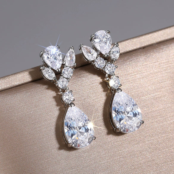 Wholesale Light Luxury Geometric Drop Shape Zirconia Copper Earrings For Women