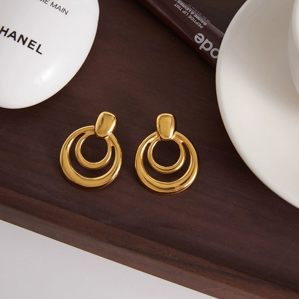 Wholesale Light Luxury Geometric Electroplated Stainless Steel Round Doublelayer Hollow Earrings For Women
