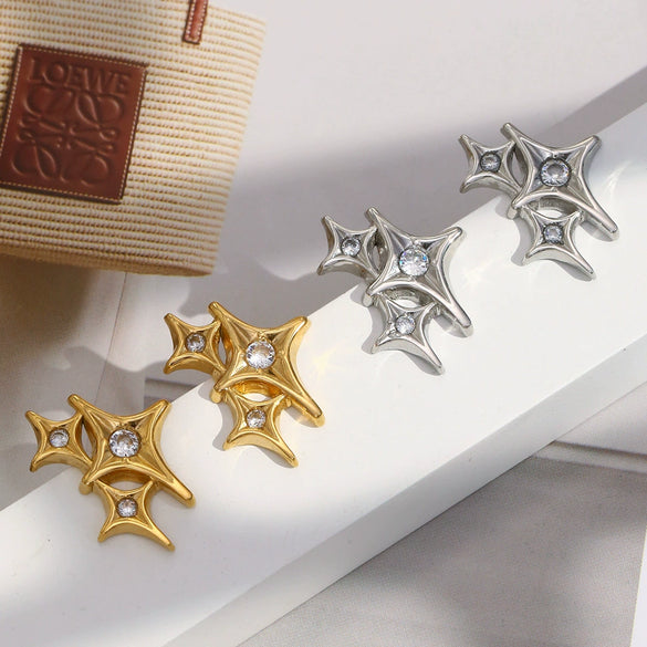 Wholesale Light Luxury Geometric Fourpointed Star Stainless Steel Vacuum Plated Earrings For Women