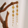 Wholesale Light Luxury Geometric Hammered Pattern Long Tassel Pearl Stainless Steel 18K Gold Plated Earrings For Women